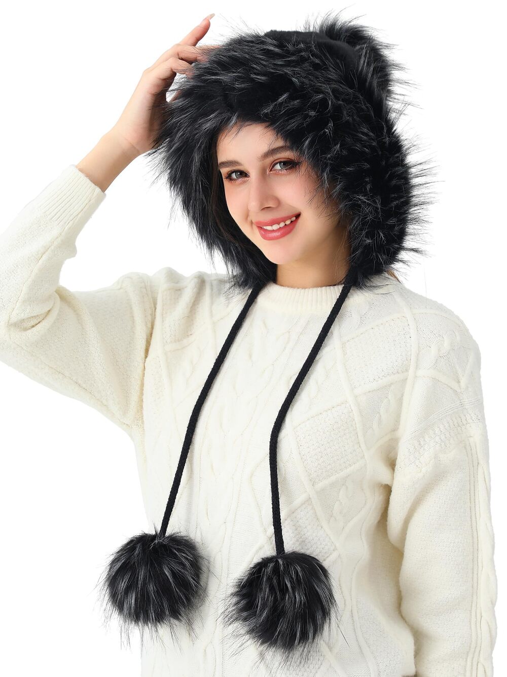 3659 Faux Fur Hats Pom Pom Winter Hat with Ear Flaps Ponytail Girl Ski Snow
